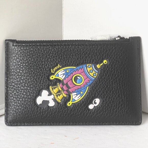 Coach Cosmic Coach Zip Card Case Rocket Ship Space CW222 Black Leather Wallet - Picture 1 of 6